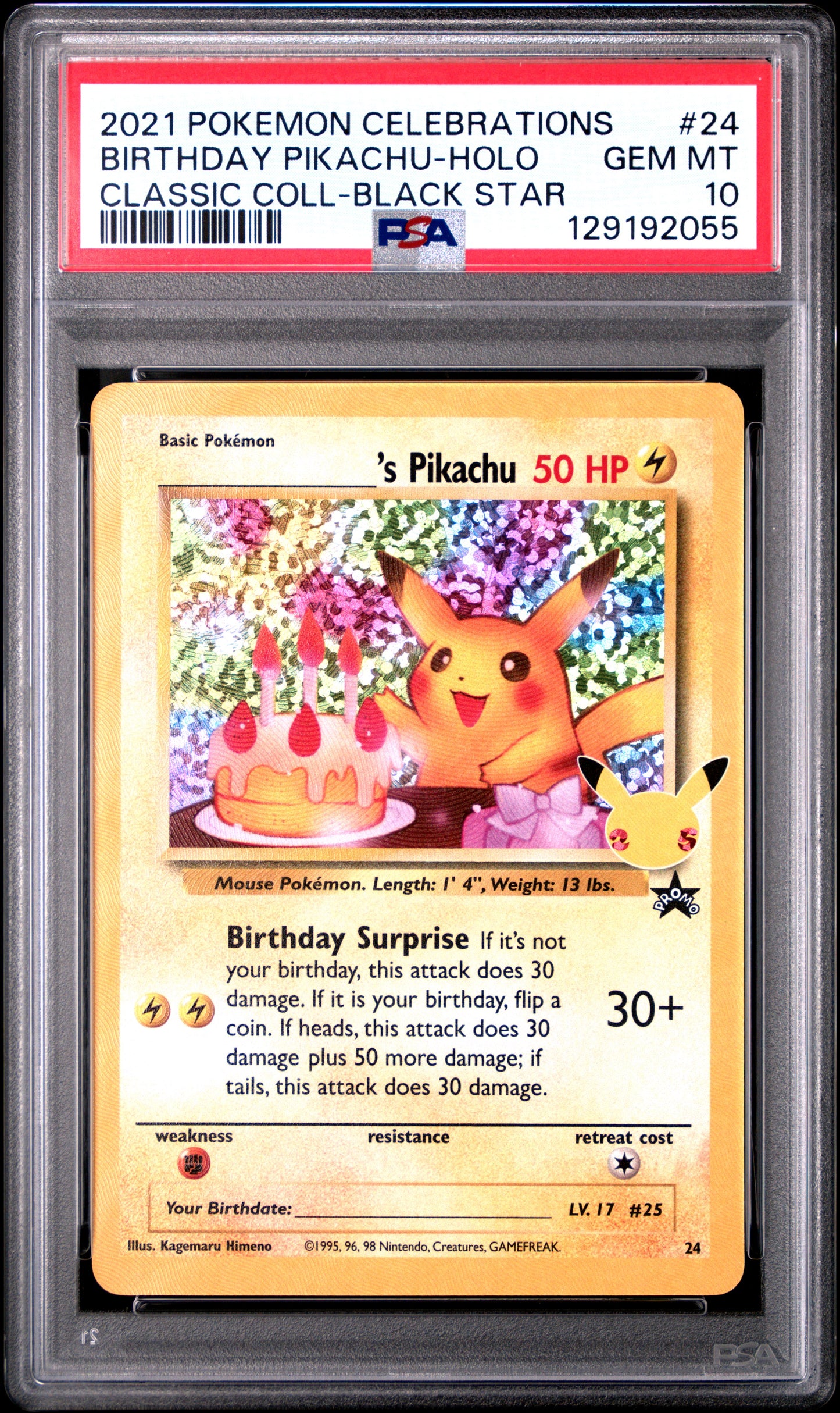 2021 POKEMON CELEBRATIONS CLASSIC COLLECTION #24 BIRTHDAY PIKACHU-HOLO CLASSIC COLL-BLACK STAR - PSA 10